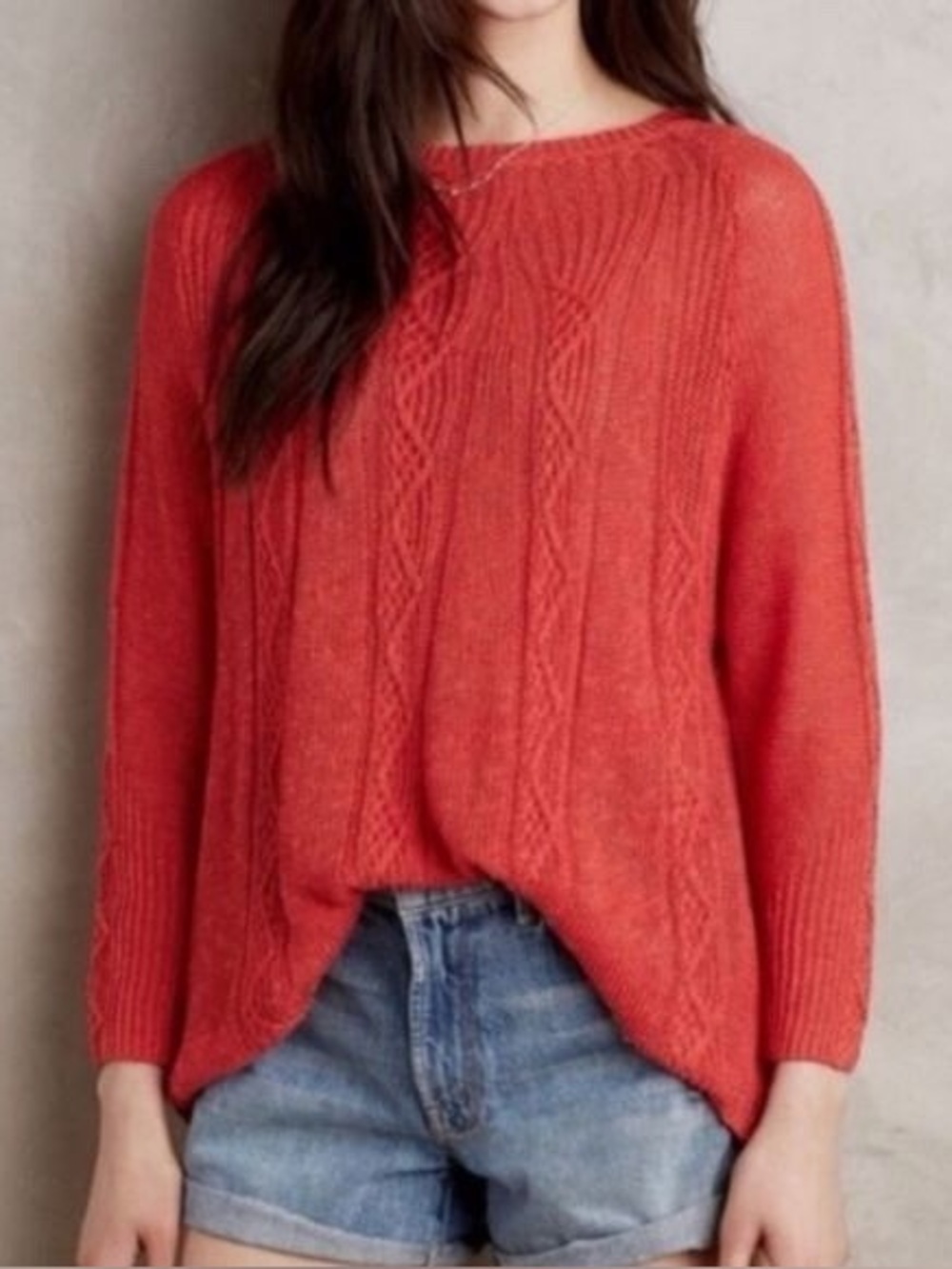 Rosie Neira Anthropologie Crimson Open Knit Cable Sweater Boho Slouchy Vibe S